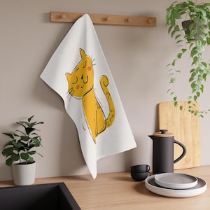 Paño de cocina con gato sonriente / Lino de cocina de algodón amarillo