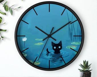 Black Cat Wall Clock, Cute Cat Decor, Meditation Room Clock, Animal Lover Gift, Unique Timepiece for Cat Lovers, 10" Round Wall Clock