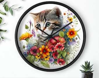 Horloge murale chat et fleur fantaisiste, cadeau pour amoureux des animaux de compagnie, oeuvre d'art murale chat, décoration d'intérieur, décoration de chambre d'enfant mignon, horloge murale ronde de 10 po.