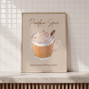 Arte de pared con latte de calabaza y especias / Lámina imprimible para un acogedor rincón de café otoñal, decoración de cocina de otoño