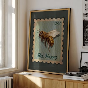 Retro Biene Wandkunst, Vintage Stempel Poster, Positive Biene Küchendruck, Botanisches Insektendekor, rustikale Bienen Bauernhauskunst, antike Stempeldekoration