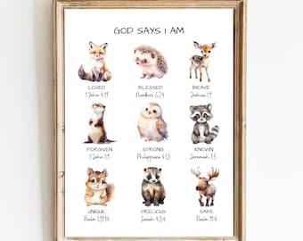 God Says I Am Nursery Wall Art | Woodland Animal Decor, Biblical Affirmation Printable
