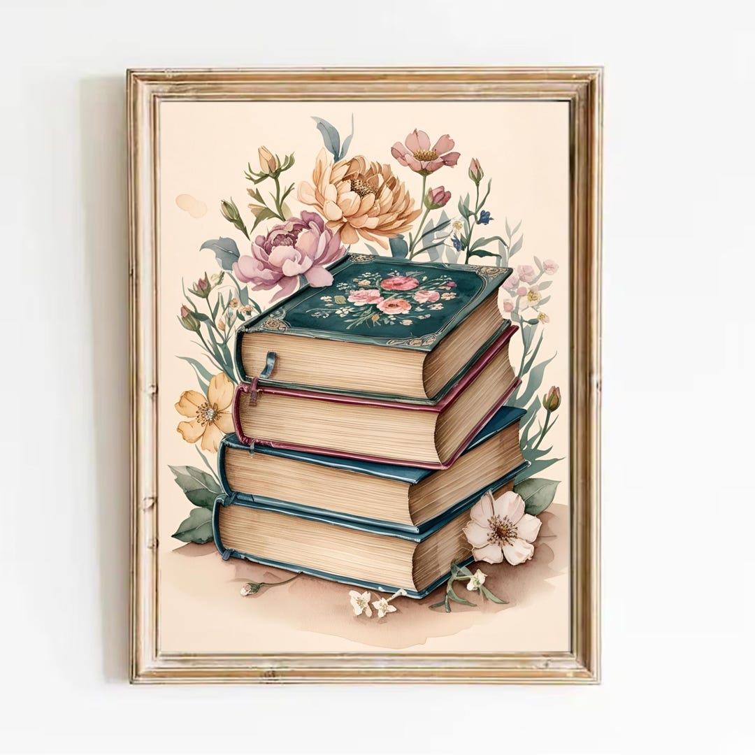 Vintage Book Wall Art Printable, Botanical Book Lover Decor, Cozy Book ...