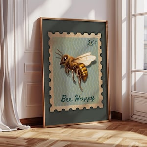 Arte de pared imprimible "Abeja Feliz", póster vintage con sellos de abeja, impresión retro para cocina, decoración botánica con abejas, arte rústico de granja, decoración con sellos antiguos