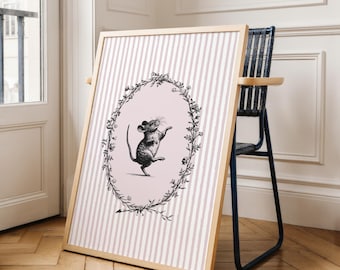 Vintage Mouse Nursery Wall Art | Pink Striped Woodland Animal Printable, Kid Room Decor
