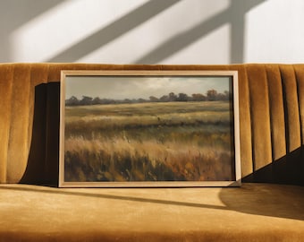 Moody Field Wall Art | Neutral Scenery Printable, Rustic Landscape Painting