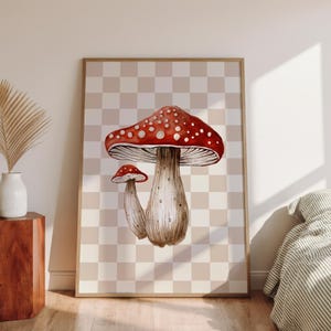 Mushroom Wall Art Printable, Cottagecore Fall Decor, Neutral Checkered Kitchen Poster, Woodland Toadstool Print, Cozy Boho Digital Download