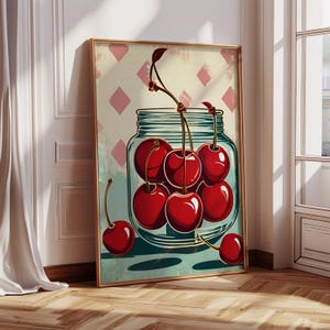Retro Kirschglas Druck druckbare Kunst, Vintage Küchen Obst Dekor, rustikales Kirschglas Dekor, Mid Century moderne Wandkunst, Esszimmer & Cafe Dekor