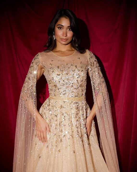 Nebula | Gold Embellished Crystal Sequin Beaded Tulle Gown Cape Sleeves |  Bunny Rumble - Etsy
