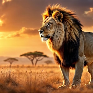 Puede incluir: Un majestuoso león con una melena espesa se encuentra en un entorno de sabana al atardecer. El león mira hacia la izquierda del encuadre, con una expresión seria. El sol se pone detrás del león, proyectando un cálido resplandor en la escena.