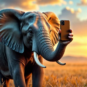 Puede incluir: Un majestuoso elefante en un campo al atardecer, sosteniendo un teléfono inteligente marrón en su trompa como si se estuviera tomando una selfie. El elefante tiene orejas grandes, colmillos y una piel gris. El fondo presenta un campo dorado y un cielo colorido.