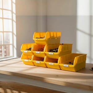 May include: A stack of bright yellow storage bins filled with electronic components. The bins are arranged on a wooden surface near a window. Each bin has a small white label.