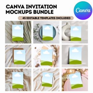 Può includere: Una collezione di mockup di inviti con un design di cielo blu e paesaggio verde. L'immagine include il testo "CANVA INVITATION MOCKUPS BUNDLE" e "45 EDITABLE TEMPLATES INCLUDED". Un logo Canva è nell'angolo in alto a destra.
