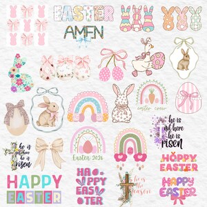 Può includere: Una collezione di grafiche a tema pasquale con coniglietti, uova, arcobaleni e motivi floreali. Gli elementi testuali includono "Easter", "Amen" e "Happy Easter". La tavolozza dei colori comprende pastelli come rosa, blu e verde.