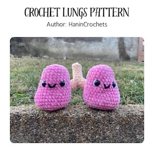 Könnte beinhalten: Ein Paar rosa gehäkelte Lungen mit schwarzen Augen und lächelnden Mündern, verbunden durch einen beigen Luftweg. Das Bild enthält den Text "CROCHET LUNGS PATTERN" und "Author: HaninCrochets". Die Lungen liegen auf einer Steinoberfläche.