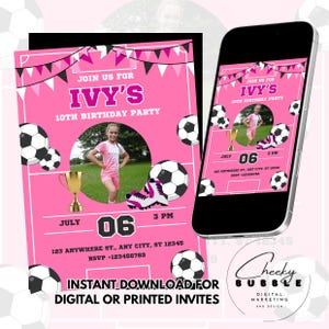 Pink Digital Football Birthday Invitation | Girls Editable Football Party Invite | Personalised Kids Birthday Template Girl