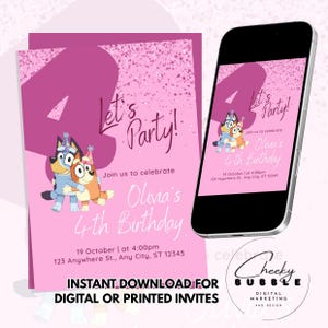 Invitación de cumpleaños para niña con temática azul / Invitación editable con purpurina rosa / Descarga digital / Tarjeta de cumpleaños personalizada