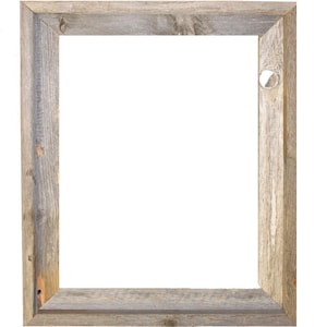 May include: A rustic wooden picture frame with a weathered gray finish. The frame has a simple design with a rectangular shape and a smooth surface.