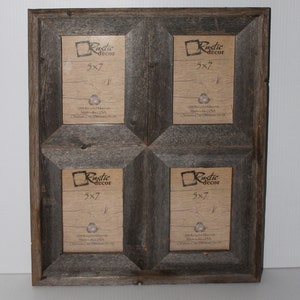May include: A rustic wood picture frame with four 5x7 inch openings. The frame is made of reclaimed wood and has a dark brown finish. The frame is perfect for displaying photos or artwork.