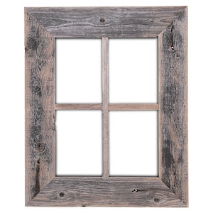 May include: A rustic wooden window frame with a four-pane design. The frame is painted in a light gray color with a distressed finish.