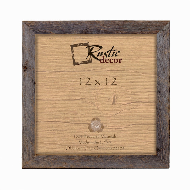 May include: A rustic wood picture frame with a brown wood grain finish. The frame is 12 inches by 12 inches and is made from 100% recycled materials. The frame is made in the USA and is from Oklahoma City, Oklahoma.