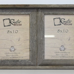 May include: A rustic double picture frame made from reclaimed wood. Each frame is 8x10 inches and features the text "Rustic decor" printed on the mat.