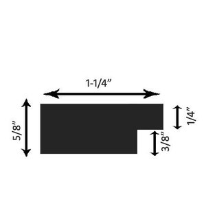 May include: A black picture frame with a 1-1/4 inch wide mat opening and a 5/8 inch wide frame. The frame is 1/4 inch thick and has a 3/8 inch wide rabbet.