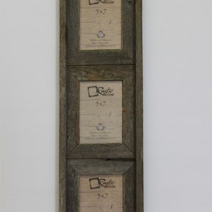 May include: A rustic wood picture frame with three openings, each measuring 5x7 inches. The frame is made of reclaimed wood and has a natural, weathered finish. The frame is perfect for displaying photos, artwork, or other keepsakes.