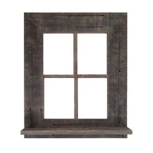 May include: A rustic wooden window frame with a shelf underneath. The frame has a grid pattern of four panes and is painted a dark gray color.