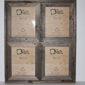 May include: A rustic wood picture frame with four 8x10 inch openings. The frame is made of reclaimed wood and has a distressed finish. The frame is labeled "Rustic Decor" and "100% Reclaimed Materials Made in the USA".