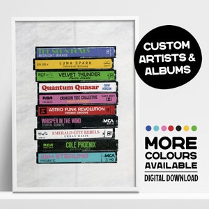 Arte de parede personalizada com fita cassete - Impressão musical personalizada - 10 bandas e álbuns - 18 cores - Download digital - Presente para amantes da música - Decoração para casa