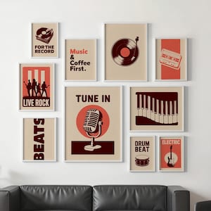 Retro Music Wall Art Set - 10 Vintage Music Posters Digital Download - Music Room Decor Gallery Wall