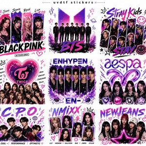 May include: A selection of vibrant stickers showcasing K-pop groups such as Blackpink, BTS, Twice, Stray Kids, Enhypen, Aespa, C.P.O, NMIXX, and NewJeans. Each sticker includes the group's name and members.