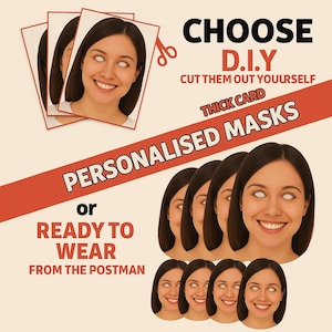 Personalized Photo Face Masks with Random STRAW, Custom Face Cutouts For Hen Night Party Costume, DIY | Ready To Wear For Hen do party