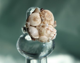 White, Cream & Sand:  Mermaid's Treasure Ring with GENUINE SEASHELLS