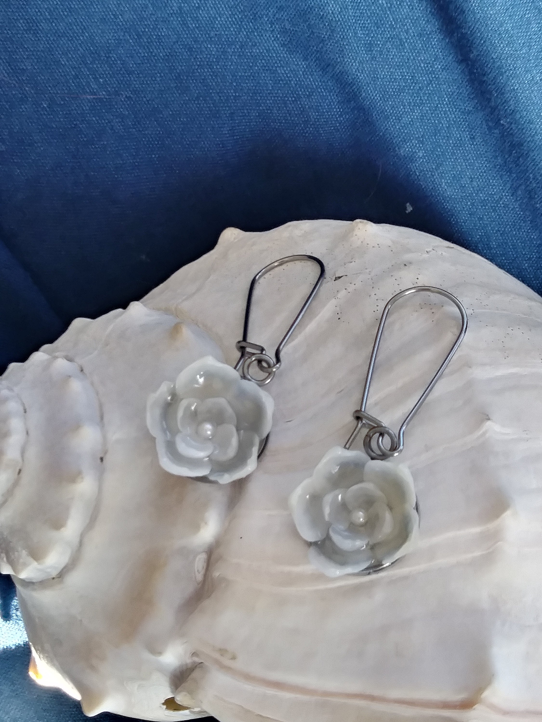 CUSTOM Drop White Blossom SEASHELL Earrings limited Availability