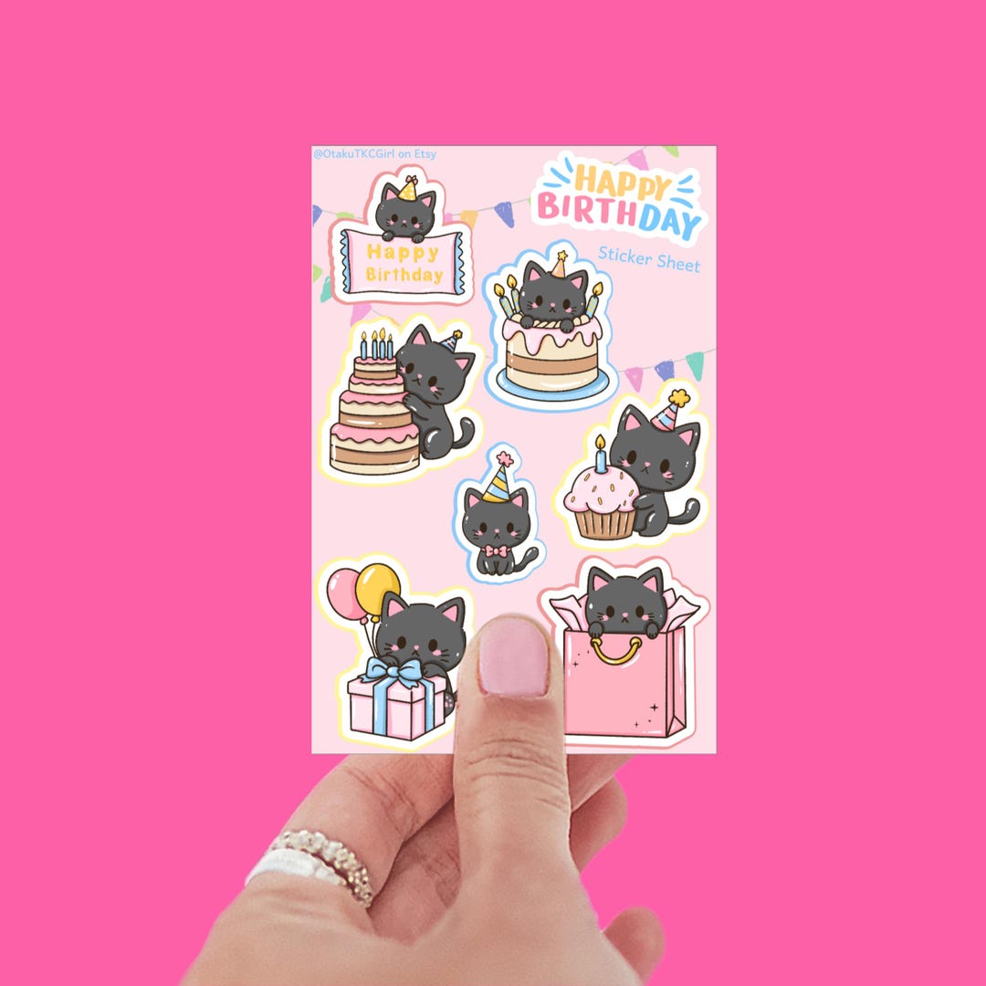 Kawaii Cat Happy Birthday Sticker Sheet | Cute Birthday Stickers ...