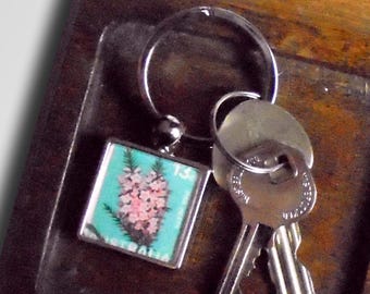 Pink Heath Keyring - upcycled Australia postage stamp from 1968