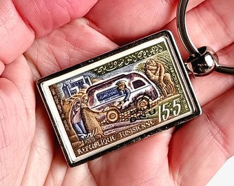 Delivery Van Keyring - real 1961 postage stamp from Tunisia