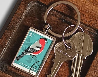 Eurasian Bullfinch Keyring made with vintage 1965 Bulgaria stamp