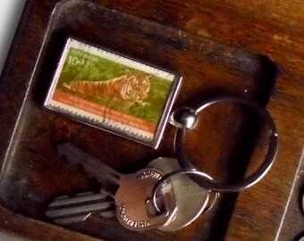 Lying Tiger Keyring - upcycled 2000 India postage stamp