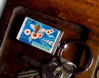 Retro Bee & Flowers Keyring made with 1963 Romania postage stamp