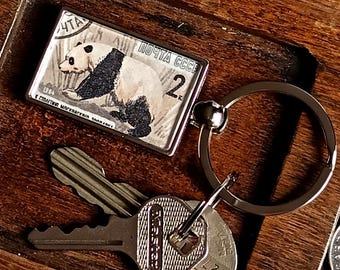 Panda Bear Keychain - upcycled 1964 vintage USSR postage stamp