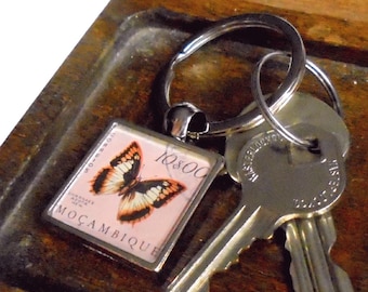 Monarch Butterfly Keyring - upcycled Mozambique postage stamp from 1953