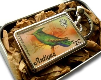 Hummingbird Keyring - upcycled 1976 Anitgua postage stamp keychain