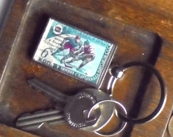 Ice Hockey Keyring - upcycled 1963 vintage postage stamp from USSR