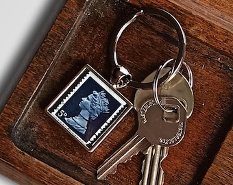 Dark Blue Machin Keyring - upcycled British definitive stamp from 1968