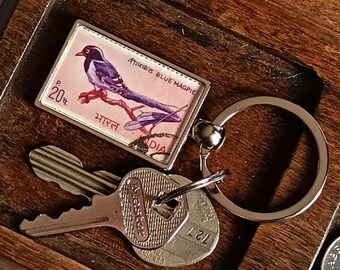 Blue Magpie Keyring made with upcycled 1968 India postage stamp