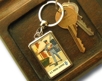 Retro Mailman Keychain, made with real vintage 1973 USA postal stamp