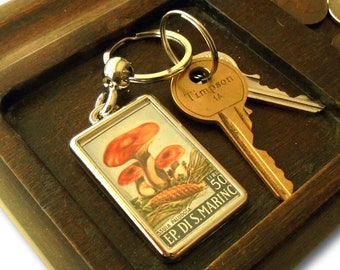 Brittlegill Mushroom Keyring - upcycled 1967 San Marino postage stamp